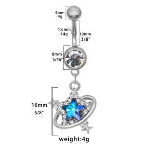 Vue macro du piercing de nombril étoile bleue avec dimensions et barre acier 1.6mm