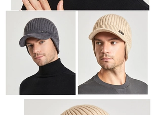 Detailed knit texture and earflap design of men's winter visor beanie with JEANS badge