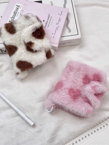 Plush heart and cow print storage bags with metal rings in soft furry texture