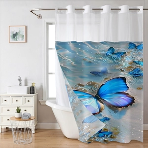 Double-layer waffle shower curtain with blue butterfly and water ripple print in bathroom