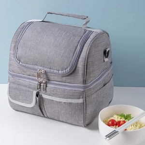Thickened double-layer insulated grey lunch bag with top handle and oxford fabric texture