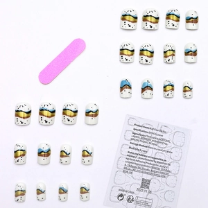 Detailed set of 24 short round press-on nails with white base and wave pattern