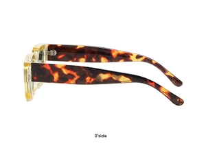 Side view detail of square sunglasses with translucent yellow frames and tortoiseshell temples