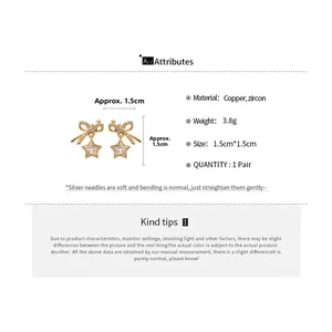Detailed technical specification of bow and star stud earrings with copper and zircon