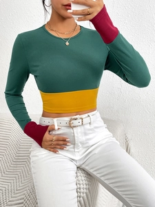Eng anliegendes Color-Block Langarm-Crop-Top aus Rippstrick mit Rundhalsausschnitt