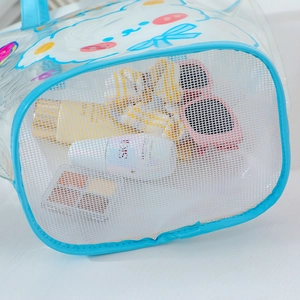 Cartoon clear PVC tote bag with blue trim featuring interior mesh pocket for storage
