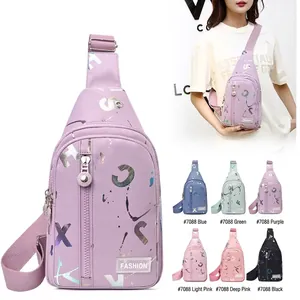 Graffiti print crossbody chest bag with fashion label and adjustable fabric strap