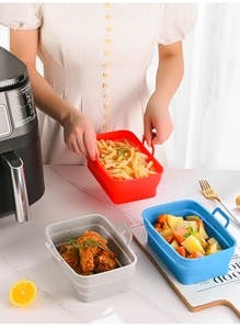 Three-color foldable silicone air fryer liners used in kitchen for fries and chicken