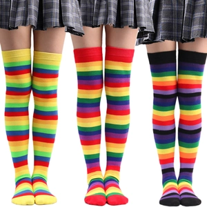 Close-up of rainbow striped over-knee socks featuring colorful knit patterns for cosplay