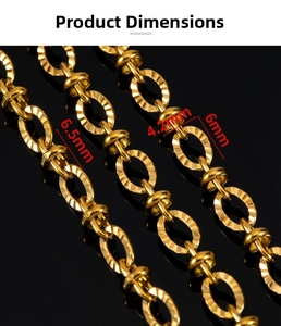 Macro detail of gold-plated stainless steel oval embossed chain links with 6.5mm dimensions