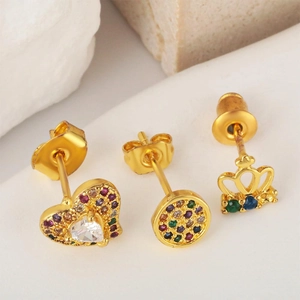Golden stud earring set with heart, round, and crown designs and colorful zircons
