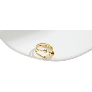 Minimalist double-layer adjustable gold open ring with polished metal beads ornament