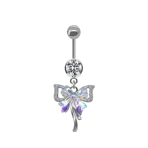 Cute bow tie belly button ring with iridescent crystal and sparkling zircon pendant
