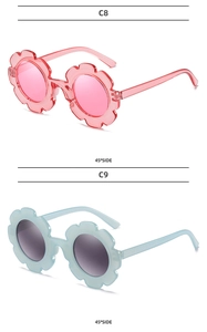Detail view of flower-shaped kids sunglasses in light blue and transparent pink colors