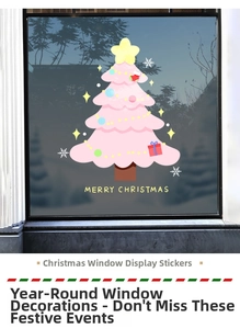 Close-up of a pink Christmas tree window sticker with festive decorations and stars