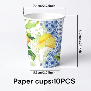 Detail of disposable lemon print paper cups with dimensions for summer party supplies