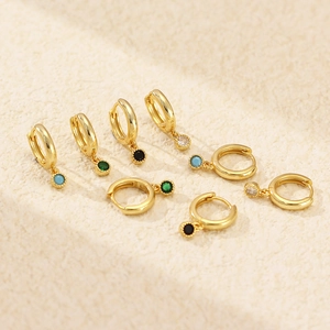 S925 silver gold-plated hoop earrings with colorful zircon pendants on a beige background