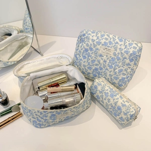 Three-piece set of blue floral quilted cosmetic bags with various sizes and high capacity