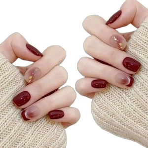 30pcs deep red press-on nails with gold foil and marble effect in short square shape