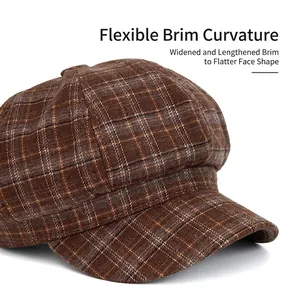 Vintage brown plaid newsboy cap for women with wide foldable brim for winter style