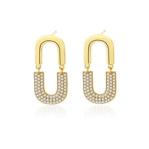 Elegant 925 sterling silver U-shaped drop earrings with gold finish and pavé zircon stones