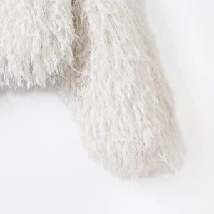 French style white faux fur long sleeve coat with luxury metal trim and fluffy texture