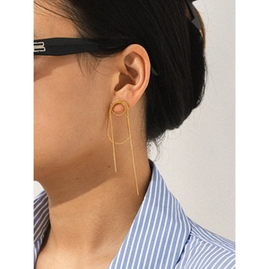 Detailed close-up of golden stainless steel tassel earrings on model with high gloss finish