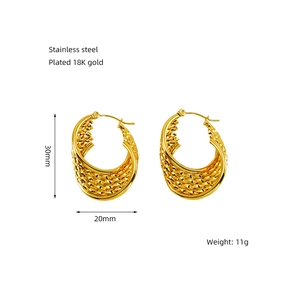 Detailed view of twisted 18K gold plated stainless steel chunky hoop earrings with dimensions