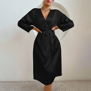Elegant black silk satin wrap sleepwear robe with V-neck and tie waist for women