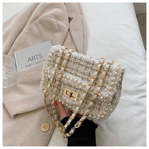 Detail of tweed crossbody bag featuring pearl trim, gold twist lock and chain strap