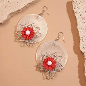 Vintage shell drop earrings with star metal frame and red floral pearl center