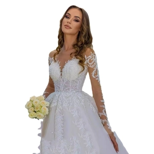 Luxurious white off-shoulder lace wedding dress with intricate floral embroidery and V-neck