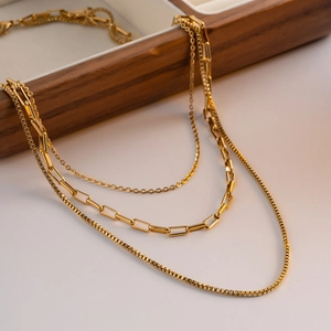 Three-layer 18K gold plated stainless steel necklace with paperclip and box chain