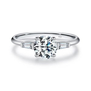 Classic S925 sterling silver three-stone moissanite ring on a white background