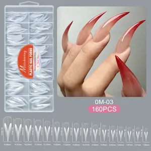 Size chart for 160pcs long stiletto nail extension molds with 16 precise dimensions