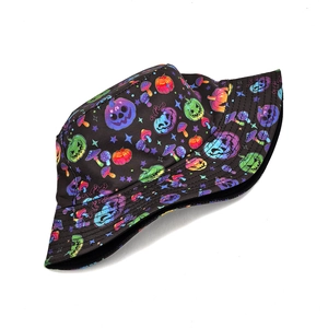 Detail of black bucket hat with rainbow Halloween pumpkin and mushroom prints