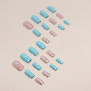 Short square baby blue and glitter pink press-on nails set with 24 pieces
