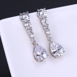 Elegant silver-tone long drop earrings with cascading pear-cut AAA cubic zirconia stones