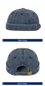 Side and back view of washed denim docker hat with adjustable metal buckle and vent holes