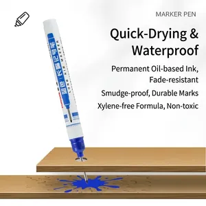 Blue long nib deep hole marker pen for woodworking and tile marking on white surface