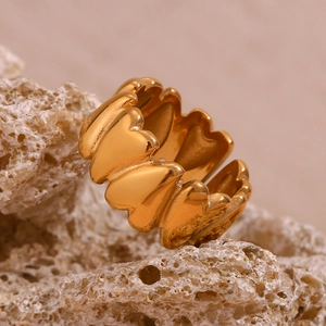 Macro view of a 18K gold-plated stainless steel ring with an artistic heart pattern