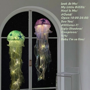 Detail of DIY glowing jellyfish hanging lights with long tassels in green and purple colors