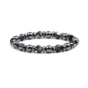 Macro shot of 8mm round black beads and colorful rainbow luster stones on beaded bracelet