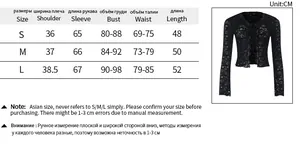 Size chart for vintage French black lace cardigan showing measurements in centimeters
