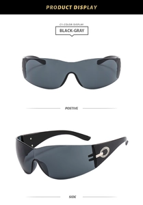 Y2K style wrap around sunglasses with black frame and silver rhinestone detail