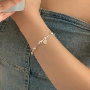 925 Sterling Silver Elastic Beaded Bracelet Minimalist Round Beads Tubes Round Tag Pendant Jewelry For Women