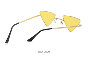 Rear view of gold metal triangle sunglasses with yellow lenses and black temple tips