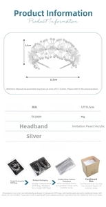 Detail specifications of silver floral headband with faux pearls and acrylic flowers