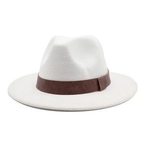 Classic white wool fedora hat with a premium dark brown leather band for men and women