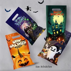 50pcs Halloween plastic gift bags featuring pumpkin ghost and witch designs 16.5x26.5cm